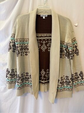 Roommates Cream, Brown & Aqua Fair Isle Shawl Cardigan